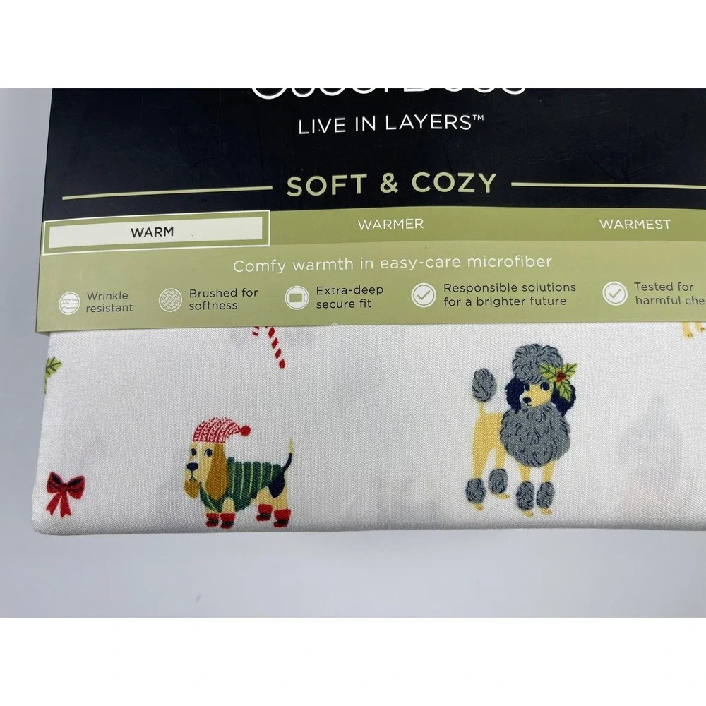 Cuddl Duds King Sheet Set Soft & Cozy Microfiber Christmas Dogs Cats White NEW